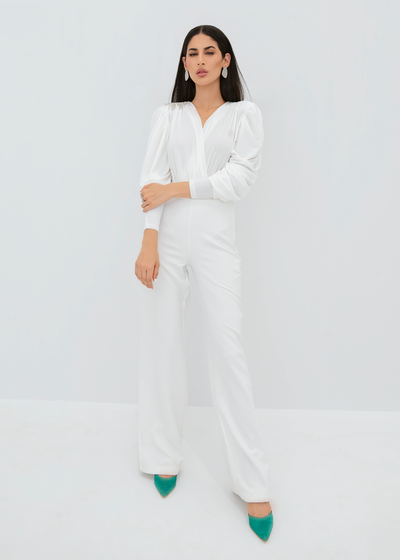 Gathered sleeves bodysuit with crystal brooch