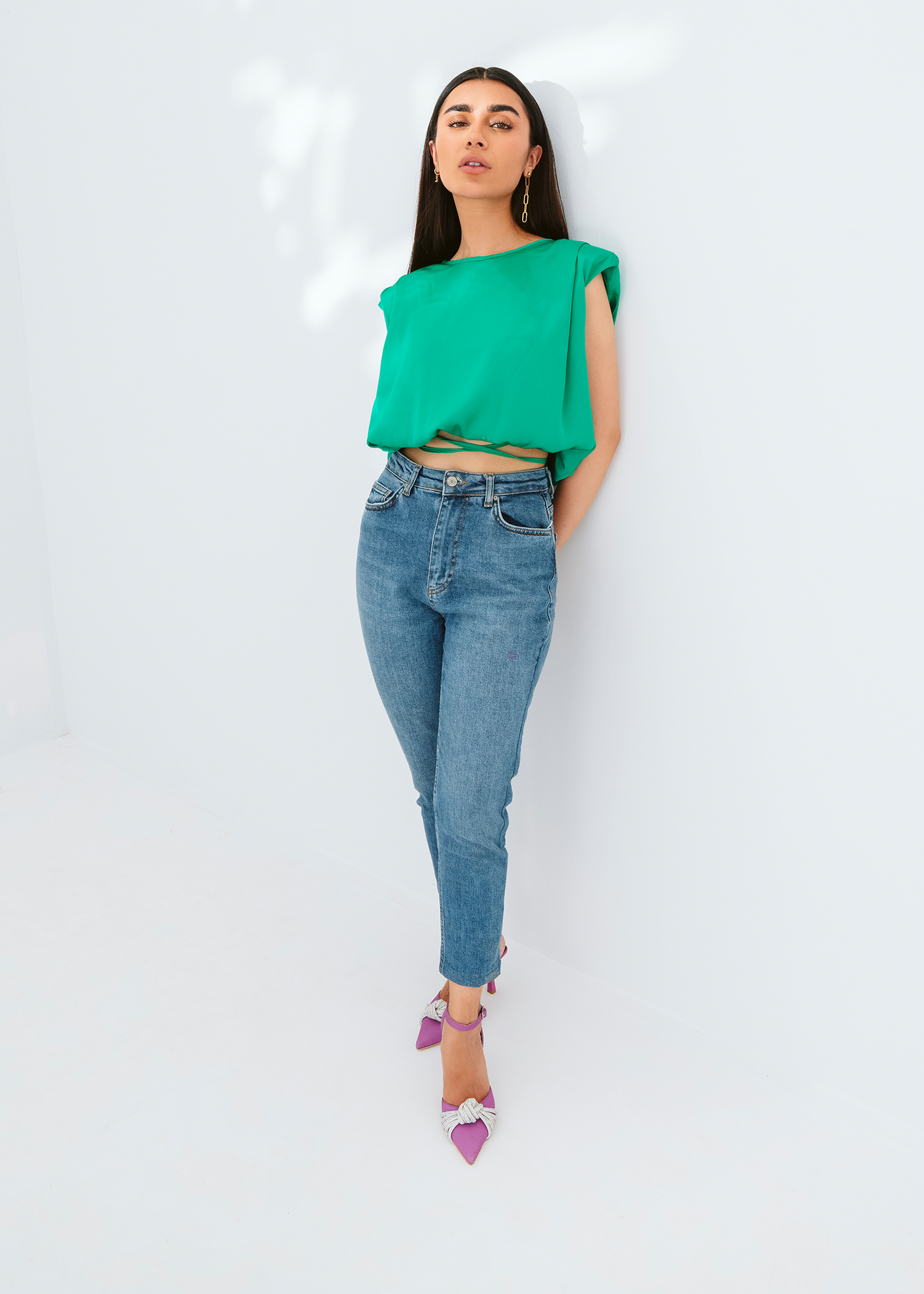 Padded shoulder silk blouse