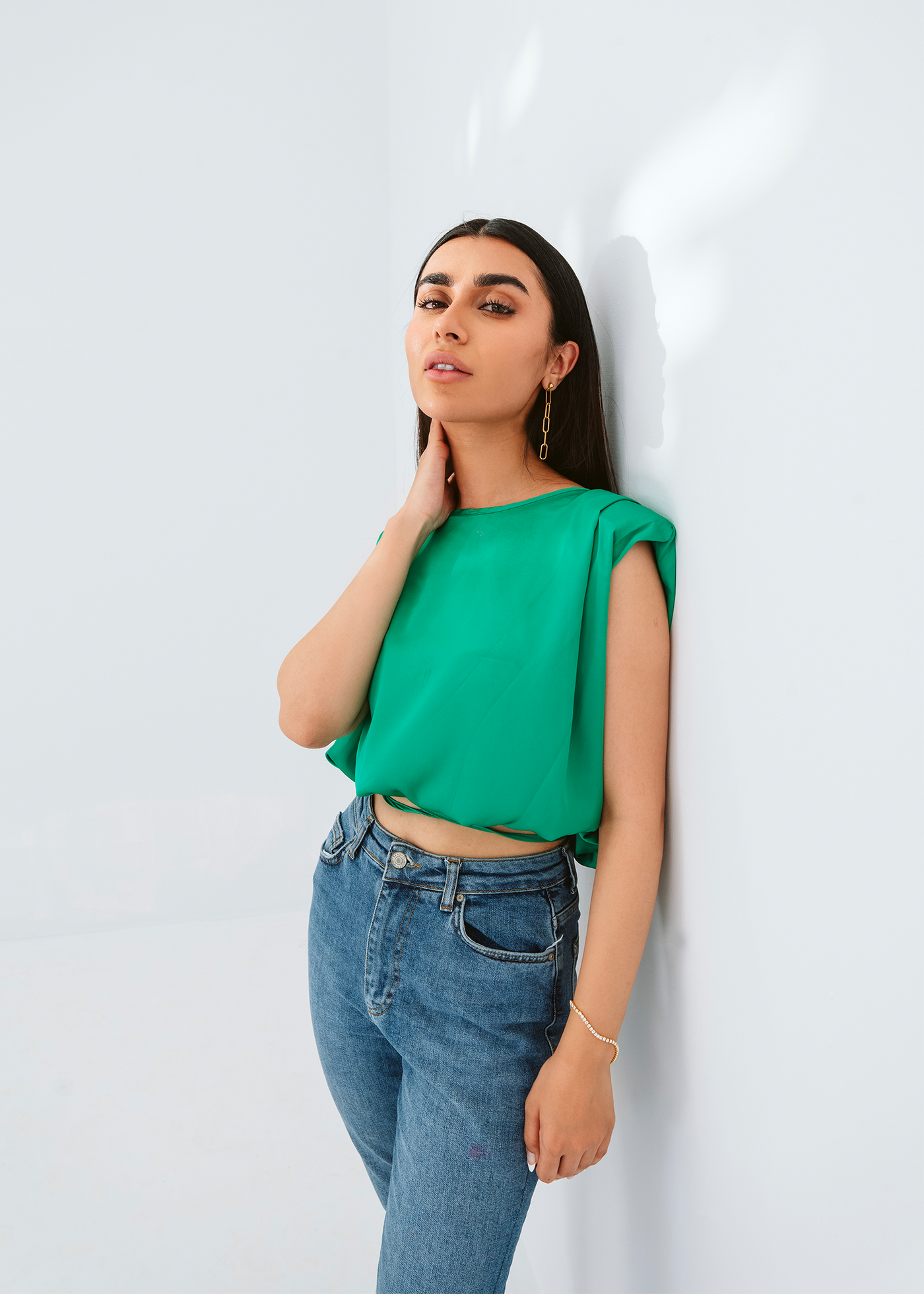 Padded shoulder silk blouse