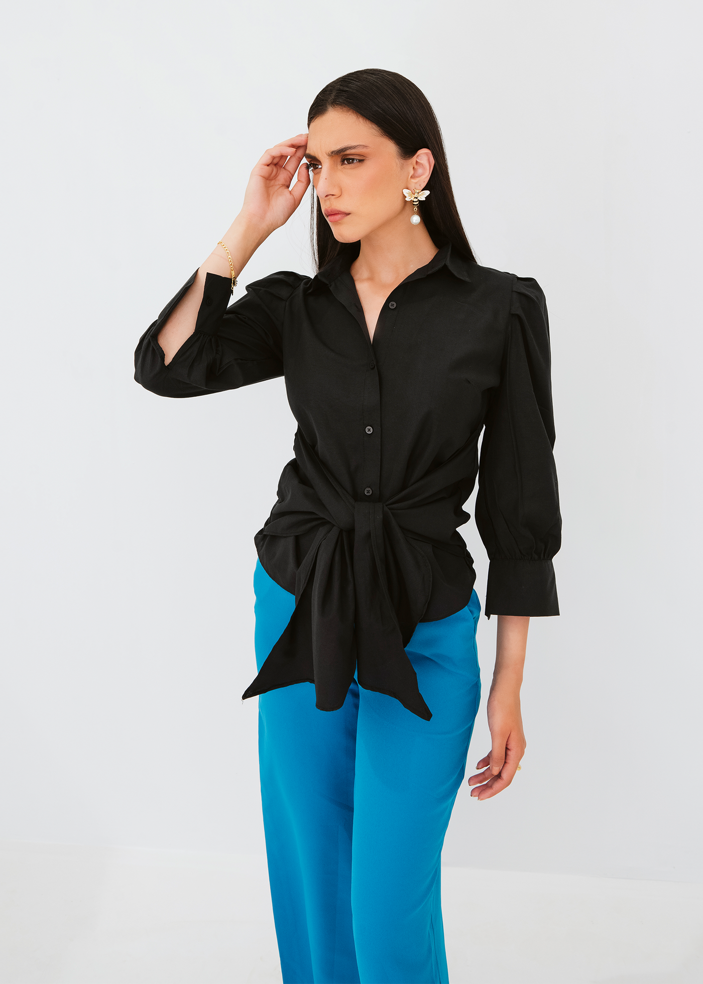 Tie waist poplin shirt